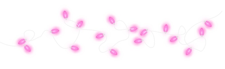 Pink christmas glowing garland. Christmas lights. Colorful Christmas garland. The light bulbs on the wires are insulated. PNG.