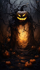 Jack o lantern pumpkins background in scary forest atmosphere