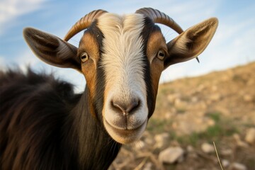 Curious goat gazes into the lens, a charming, candid moment