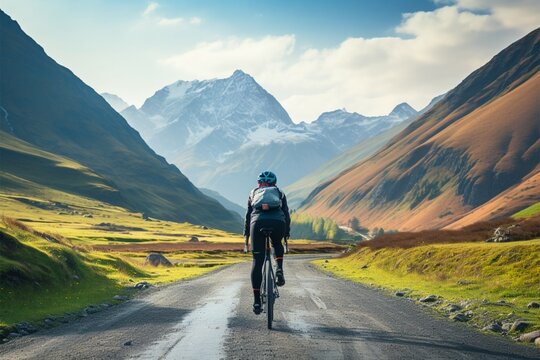 Cycling enthusiast in blue jacket journeys through Kazbegi National Parks beauty