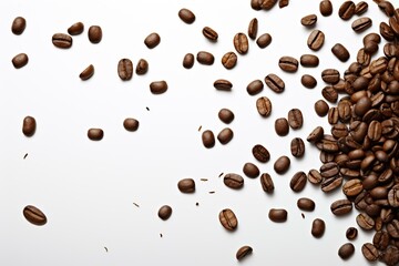 Coffee bean background with flying espresso grains falling on white backdrop, symbolizing breakfast, energy, freshness, and great aroma. Generative AI