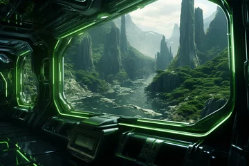 Fotobehang Rendered spaceship view with green windows. Generative AI © Arya