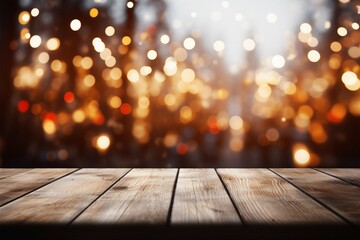 Festive, blank wooden table with bokeh lights for product presentations