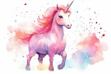 Obraz na płótnie Canvas Adorable unicorn poster for kids featuring watercolor illustrations of princess unicorns. Trendy pink cartoon magic horse. Generative AI
