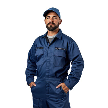 A Caucasian mechanic in a blue jumpsuit, with a smear of grease on their cheek, holding a wrench, stands assertively against an immaculate white background
