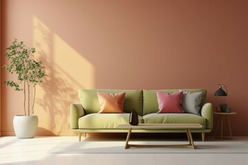 Empty pastel wall in living room mockup, featuring a stylish sofa