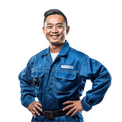 An asian mechanic in a blue jumpsuit, with a smear of grease on their cheek, holding a wrench, stands assertively against an immaculate white background - obrazy, fototapety, plakaty
