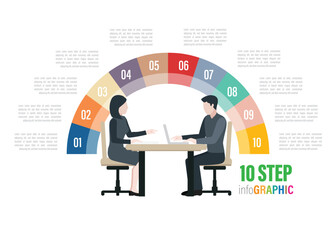 business meeting flat web infographic with 10 to 3 step pie chart. Staff table report analytics working tablet laptop empty background. Brainstorm report planning. Creative people collection.