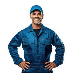 A Caucasian mechanic in a blue jumpsuit, with a smear of grease on their cheek, holding a wrench, stands assertively against an immaculate white background