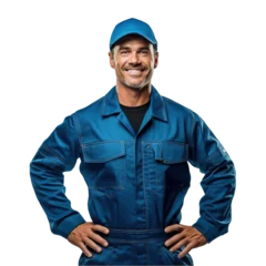 Fotobehang A Caucasian mechanic in a blue jumpsuit, with a smear of grease on their cheek, holding a wrench, stands assertively against an immaculate white background © EOL STUDIOS