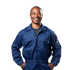 An Afro-American mechanic in a blue jumpsuit, with a smear of grease on their cheek, holding a wrench, stands assertively against an immaculate white background