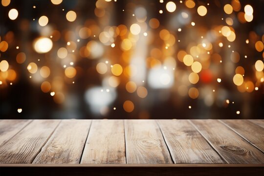 Festive scene wooden table with bokeh lights for product display