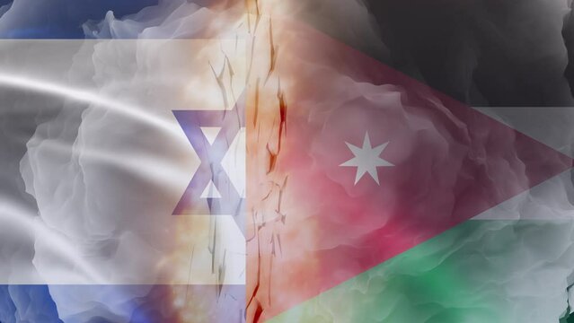 Israel flag and Palestinian flag burning- flags smoke  animation- War between these tow country