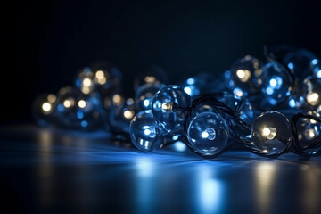 Dive into the festive spirit with a macro view of creatively designed blue holiday lights and decorations. Ai generated