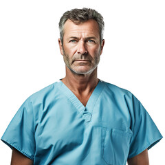 Obraz premium Portrait of a dedicated surgeon, dressed in surgical scrubs, showing a focused demeanor, on transparent background