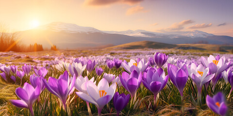 Beautiful Saffron Blooms: Springtime Elegance, Spring Floral Delight: Violet Crocus in Nature Ai Generative

