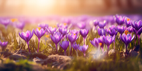 Violet spring flowers in sunshine, Beautiful spring background, violet crocus or saffron flowers in...
