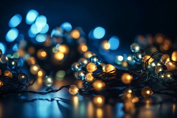 Dive into the festive spirit with a macro view of creatively designed blue holiday lights and decorations. Ai generated