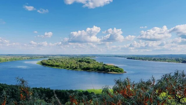 Picturesque view of the Kama River from the observation deck at the Yelabuga settlement. The movement of clouds over the river. Lower Kama National Park. Yelabuga, Republic of Tatarstan, Russia, 4K