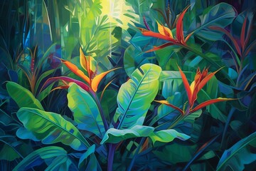 Tropical foliage illuminated by vibrant lights. Generative AI