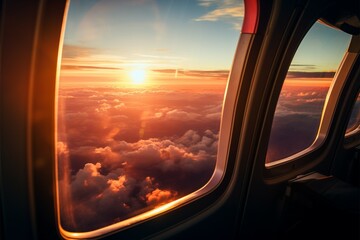 Naklejka premium In flight marvel Plane window reveals a breathtaking sunset vista