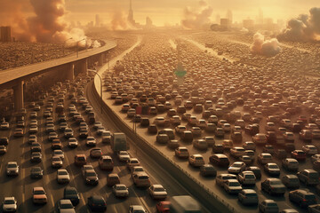 Obraz premium Navigate the urban hustle as a massive flow of cars fills a major highway, highlighting environmental pollution challenges. Ai generated