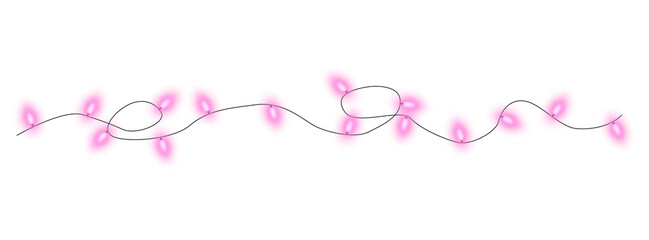 Pink christmas glowing garland. Christmas lights. Colorful Christmas garland. The light bulbs on the wires are insulated. PNG.