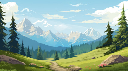 Illustration. View of an alpine landscape. Simple illustration, with meadows and alpine mountains in the background. Copy space available. Beautiful mountain landscape during summer.