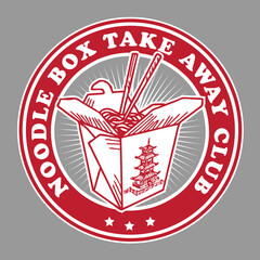 Hand Drawing Vector Illustration of Asian Take Away Box with Noodle on It in Emblem Style Design