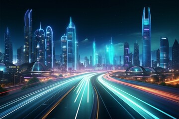 Fototapeta na wymiar High tech cityscape with glowing roads in a midnight sci fi setting