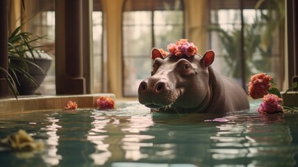 Hippopotamus in a swimming pool at the hotel.