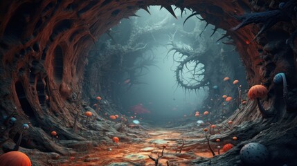 Mystical dark fantasy forest landscape with magic portal.