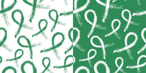 Set of Calligraphic Sea Green Awareness Ribbon Brush stroke, Seamless and repeatable pattern on white and Sea Green backgrounds. Vector Illustration. Represents Stammering or Stuttering.
