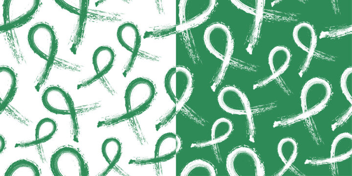 Set of Calligraphic Sea Green Awareness Ribbon Brush stroke, Seamless and repeatable pattern on white and Sea Green backgrounds. Vector Illustration. Represents Stammering or Stuttering.
