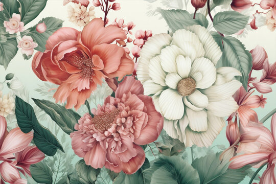 Exotic jungle tropic seamless pattern flower blossom print summer wallpaper vintage art floral