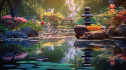 Japanese garden with pond and stones. Meditation background.