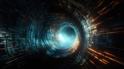 Digital cyberspace glowing tunnel on dark abstract background with copy space. Blue color. Cyber data vortex illustration. - obrazy, fototapety, plakaty