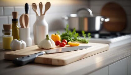 Close up modern kitchen table with cutting or chopping board, vegetables and knife. Indoor background with selective focus.