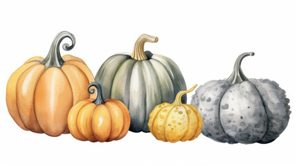 Watercolor painting of a pumpkins in gray color tone.