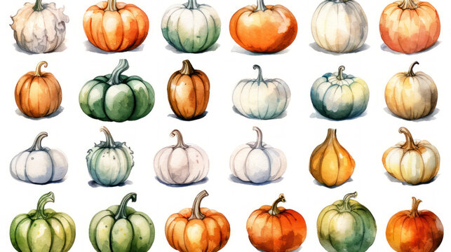 Watercolor painting of a pumpkins in white color tone.
