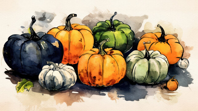 Watercolor painting of a pumpkins in black color tone.