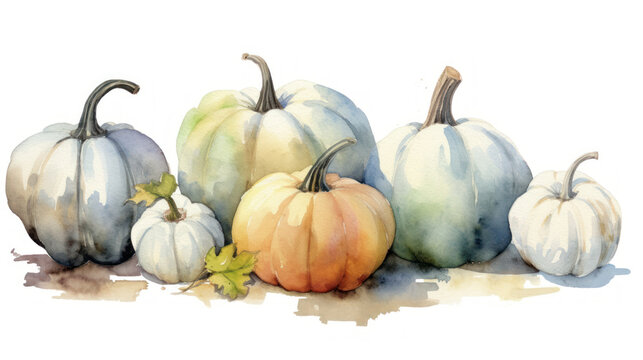 Watercolor painting of a pumpkins in light gray color tone.