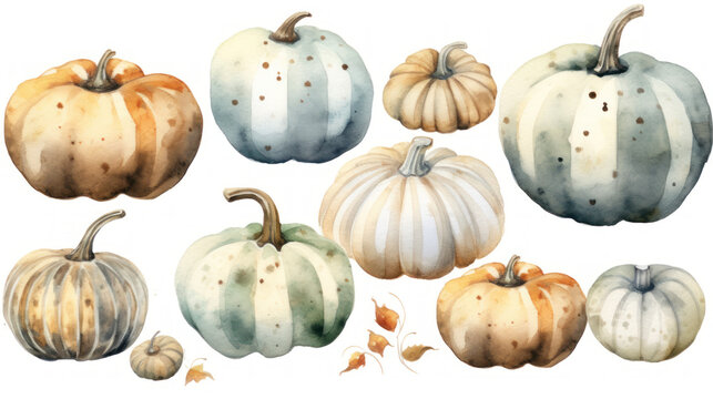 Watercolor painting of a pumpkins in light gray color tone.