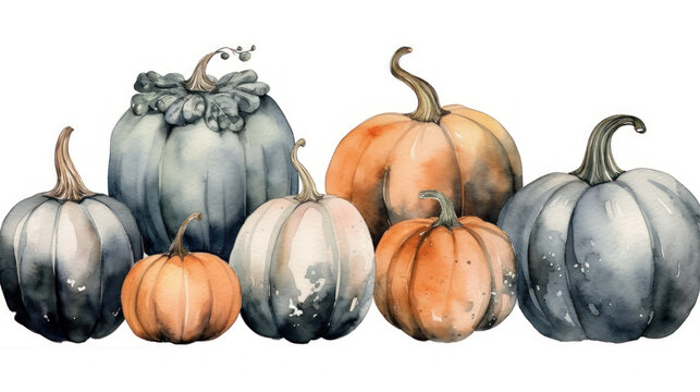 Watercolor painting of a pumpkins in dark gray color tone.