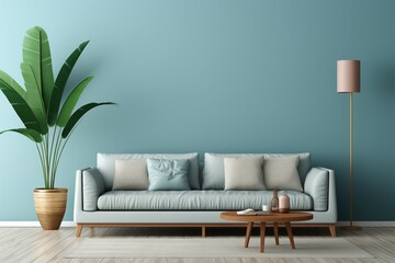 Sleek, modern living room with an empty light blue wall