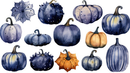 Watercolor painting of a pumpkins in indigo color tone.