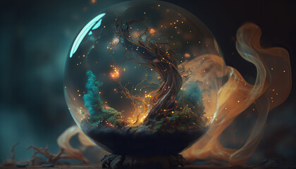 Illustration of magic crystal ball or glowing fortune teller sphere. Mystic background concept. - obrazy, fototapety, plakaty