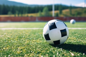 Fototapeta premium Soccer ball waits on the field, ready for the beautiful game