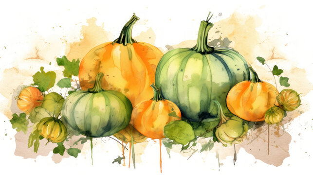 Watercolor painting of a pumpkins in lime color tone.