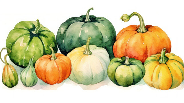 Watercolor painting of a pumpkins in green color tone.
